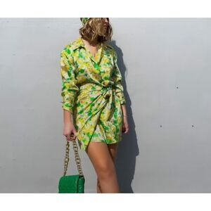 Zara Green and Yellow Floral Wrap Mini Dress
